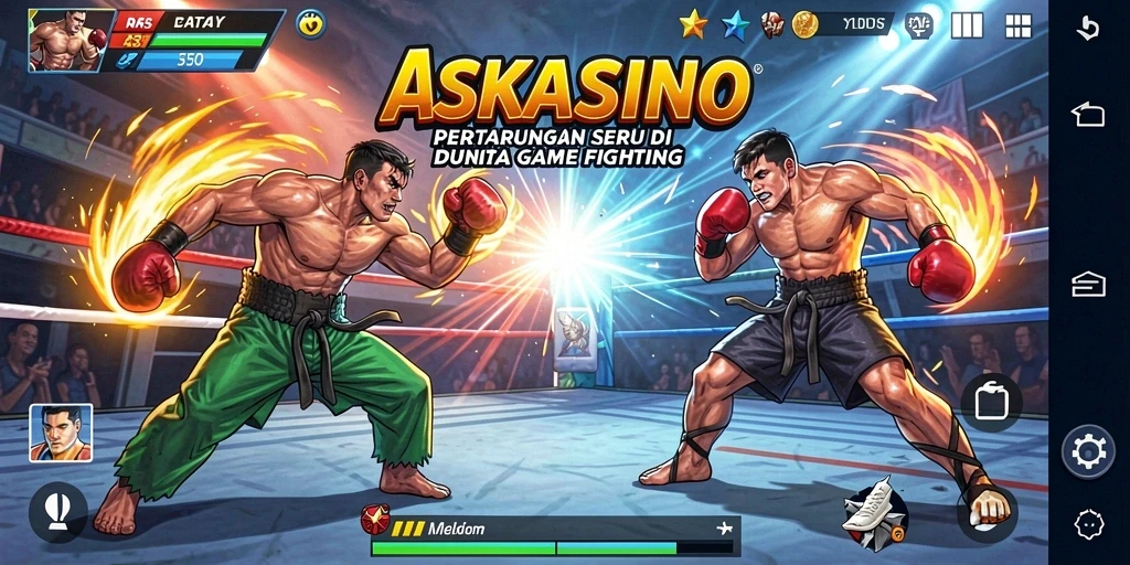 Screenshot utama ASKASINO menunjukkan pertarungan epik antar karakter yang memukau.
