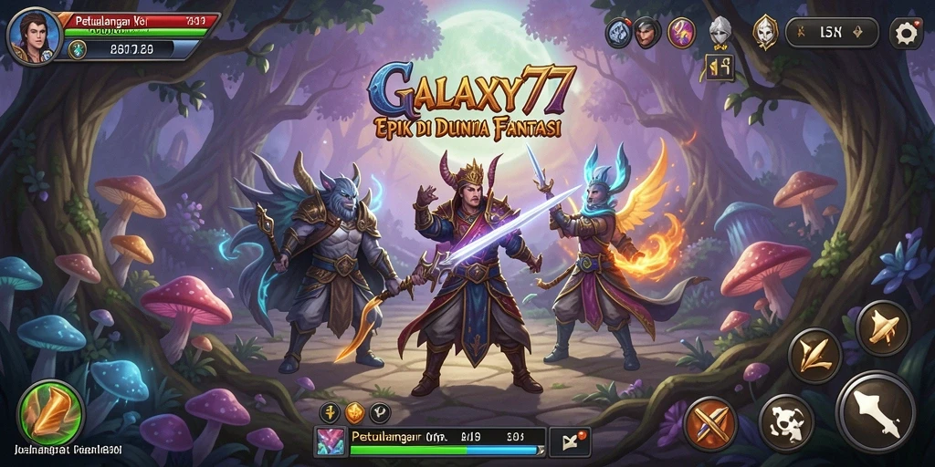 Screenshot GALAXY77 menampilkan pertempuran epik di dunia fantasi.