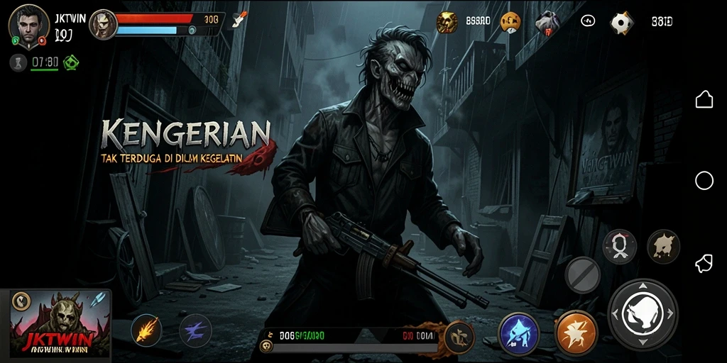 Screenshot gameplay JKTWIN yang menampilkan suasana horor mencekam.
