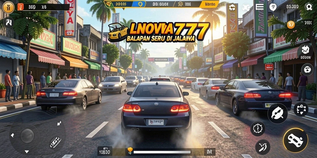 Tampilan seru gameplay LNOVA777 dengan mobil cepat di lintasan balap.