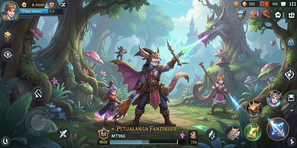 Screenshot gameplay MT966 menampilkan aksi pertarungan epik dalam dunia fantasi.