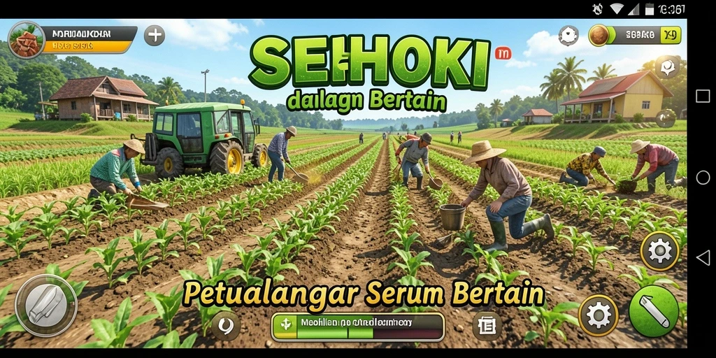 Tangkapan layar SEHOKI menunjukkan keseruan bertani di lahan hijau yang subur.